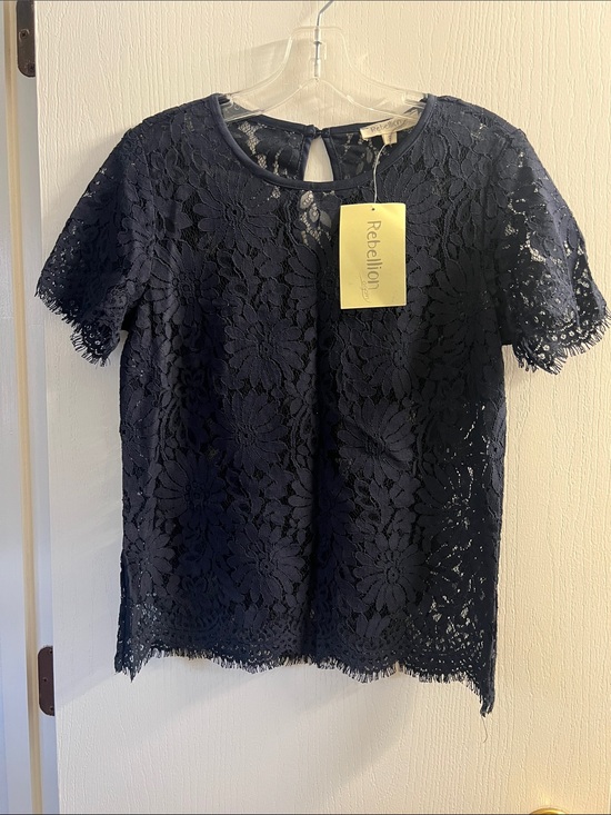 Rebellion Tops - Rebellion Navy Floral Lace Short Sleeve Blouse